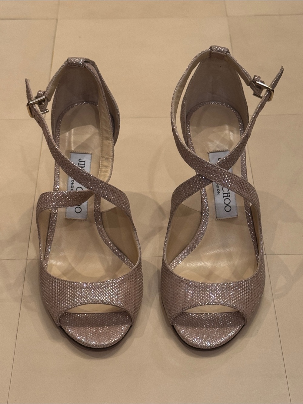 Jimmy Choo Women's Glitter Strappy Peep-Toe Ankle-Strap Heels in Rose-Tone